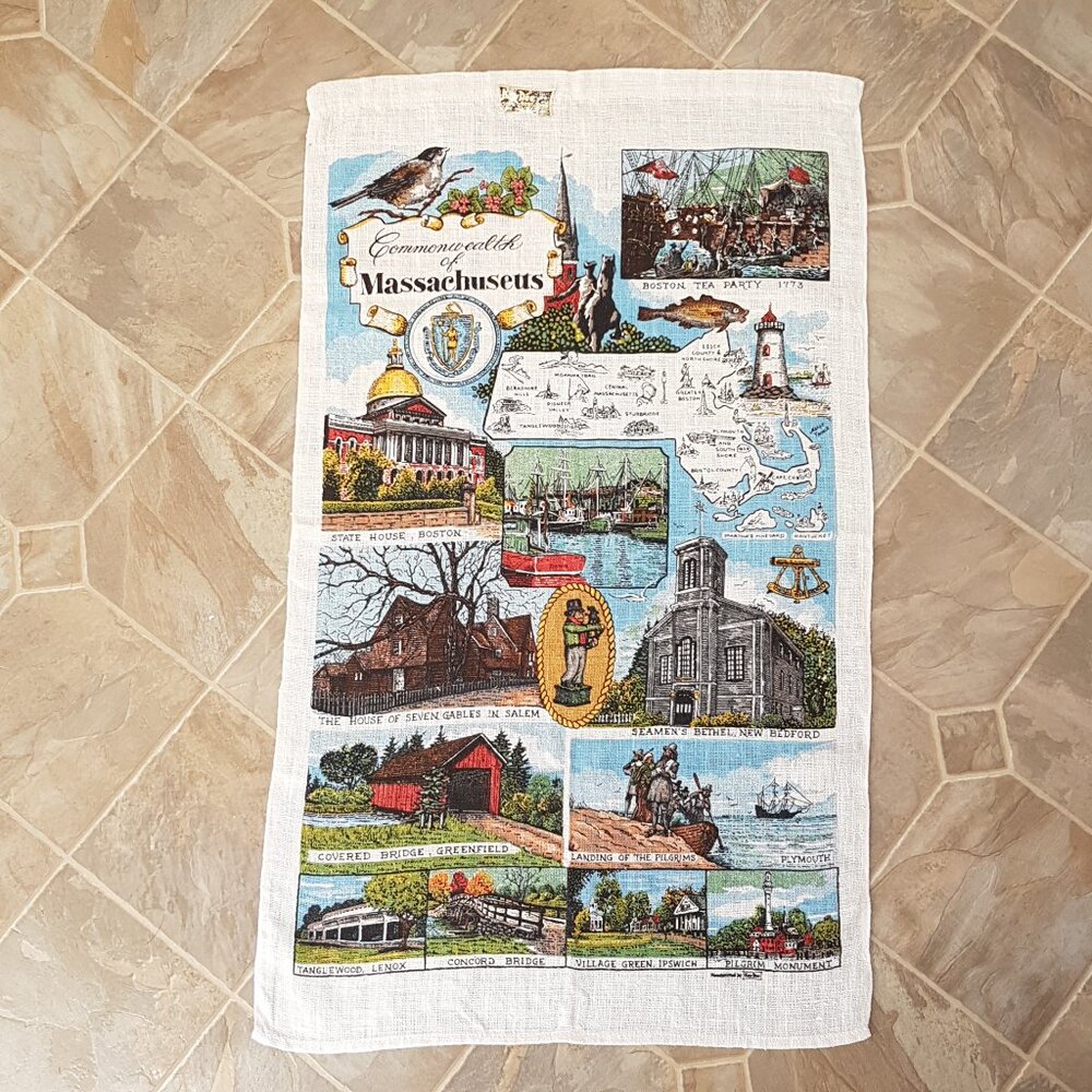 Vintage Commonwealth of Massachusetts Linen Tea Towel Souvenir